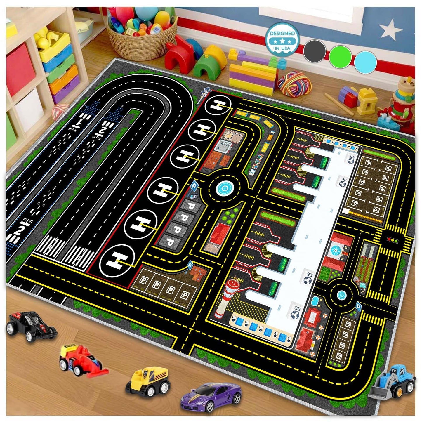 YSYTLCL Airport Rug for Boys Playroom Airplane Playmat for Play Toy, 31''x41'' Airport Parking Track Rug Carpet for Playroom Classroom Kids Room, Play Floor Mat Great Gift for Boy Girl.