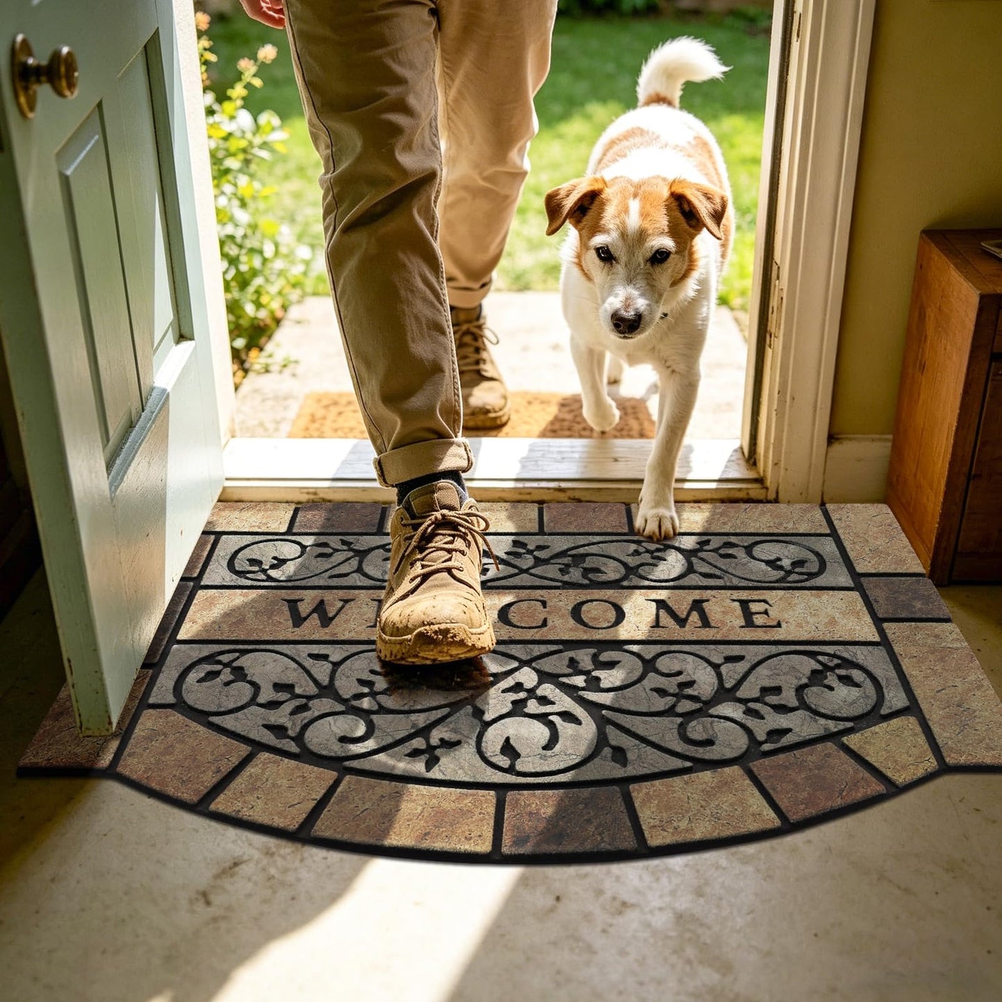 New Large 36"x24" Heavy Duty Welcome Mat Outdoor with Non-Slip Rubber Backing - Durable Outdoor Door Mat for Front Door Entrance, Garage, Patio & High Traffic Areas - Stone Scroll Design（Brown）