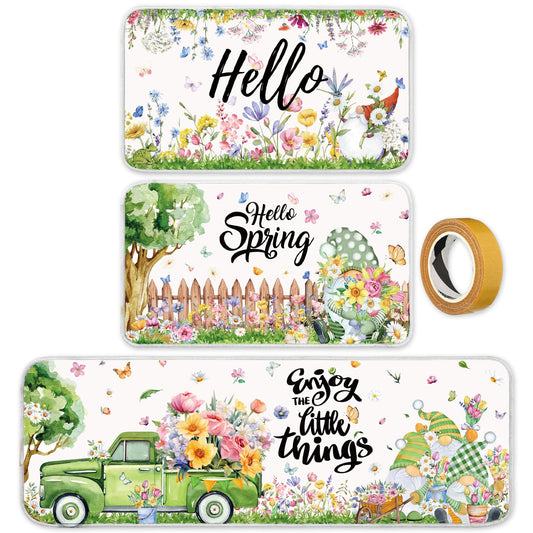 Maasechs 3 Pcs Hello Spring Kitchen Rugs and Mats Set Farmhouse Spring Floral Gnome Rugs Non Slip Washable Spring Floor Mats Rubber Backing Carpet Runner Rug Spring Kitchen Decor for Home Indoor Decor