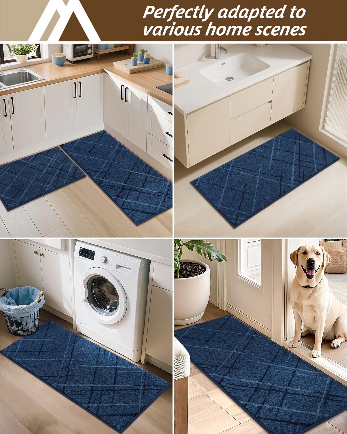 COSY HOMEER Kitchen Mats, 2 PCS Kitchen Rug Non Slip Washable, Absorbent Runner Rugs for Kitchen Floor, Polyester Kitchen Sink Rug 24"x36" + 24"x60"(Blue)