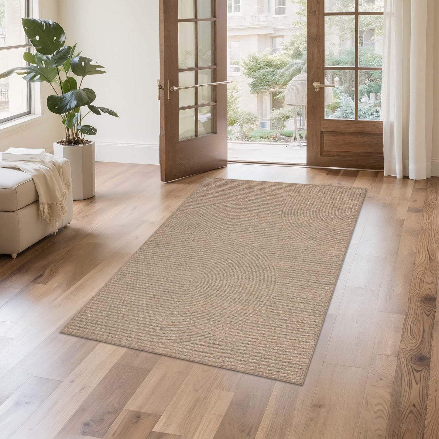 Easy Jute Rug 3x5 Outdoor: Natural Area Rugs for Patio Linen-Look Fabric Durable - Neutral Washable Carpet Mat for Entryway Bedroom Kitchen Non-Slip - Swirl Curved Pattern