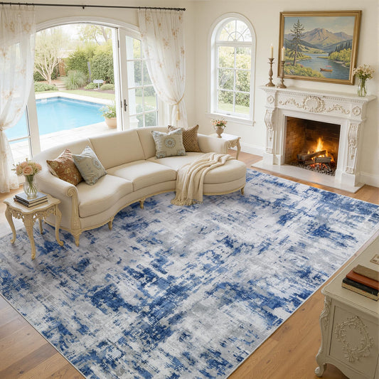 Groovoft 8x10 Area Rug for Living Room, Washable Modern Abstract Large Rug, Soft Low Pile Non Slip Indoor Floor Carpet for Bedroom Dining Room Home Office, Blue Grey