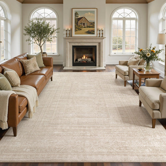 Nakagishi 10x14 Area Rugs Living Room: Washable Large Vintage Rug Neutral Non-Slip Soft Stain Resistant Indoor Carpet for Bedroom Nursery Dining Room Office Playroom - Beige