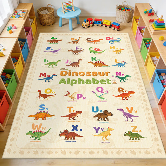 Area Rug 6x9 Living Room Dinosaur Rug Dino Alphabet Toddler Educational Area Rugs Machine Washable Non Slip Low Pile Large Dining Room Indoor Floor Carpet for Kids Room Nursery Playroom,Beige