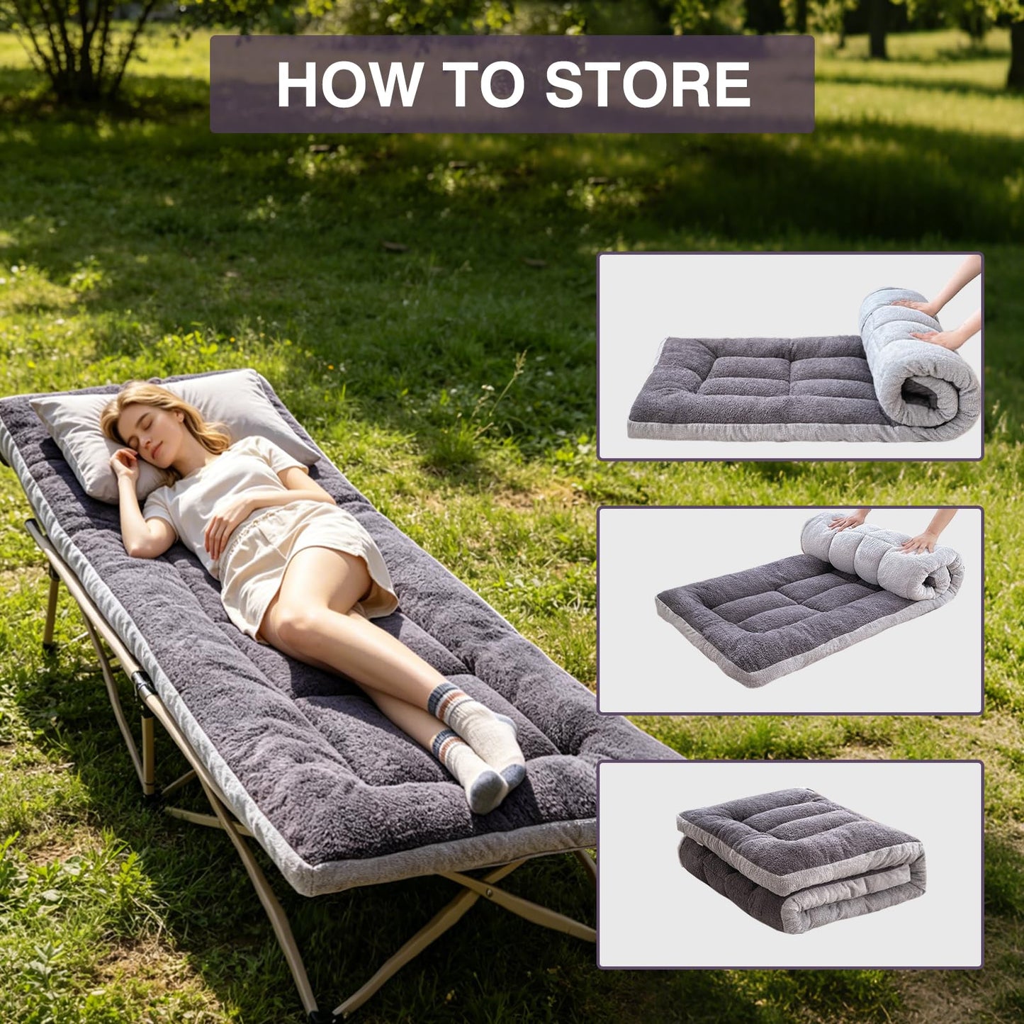 Thick Camping Sleeping Pad - Soft Lamb Fluff Camping Cot Pads for Adults, Lightweight Foldable Sleeping Mat, Non-Slip Camping Mattress Pad for Travel Backpacking Hiking Car Tent Home Office Nap