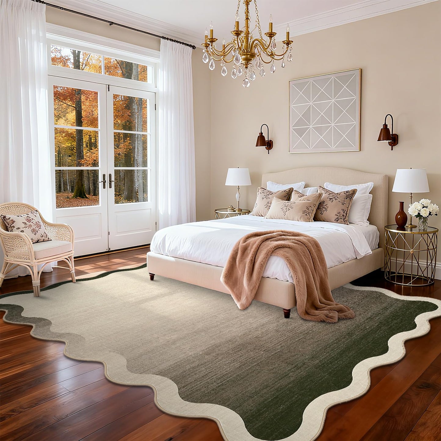 LUXLOOM Large Modern Scalloped Living Room Rug 10x13 Ombre Rugs for Bedroom Soft Low Pile Neutral Indoor Rug Non Slip Stain-Resistant Gradient Carpet for Playroom Dining Room Nursery Kids Room Camel