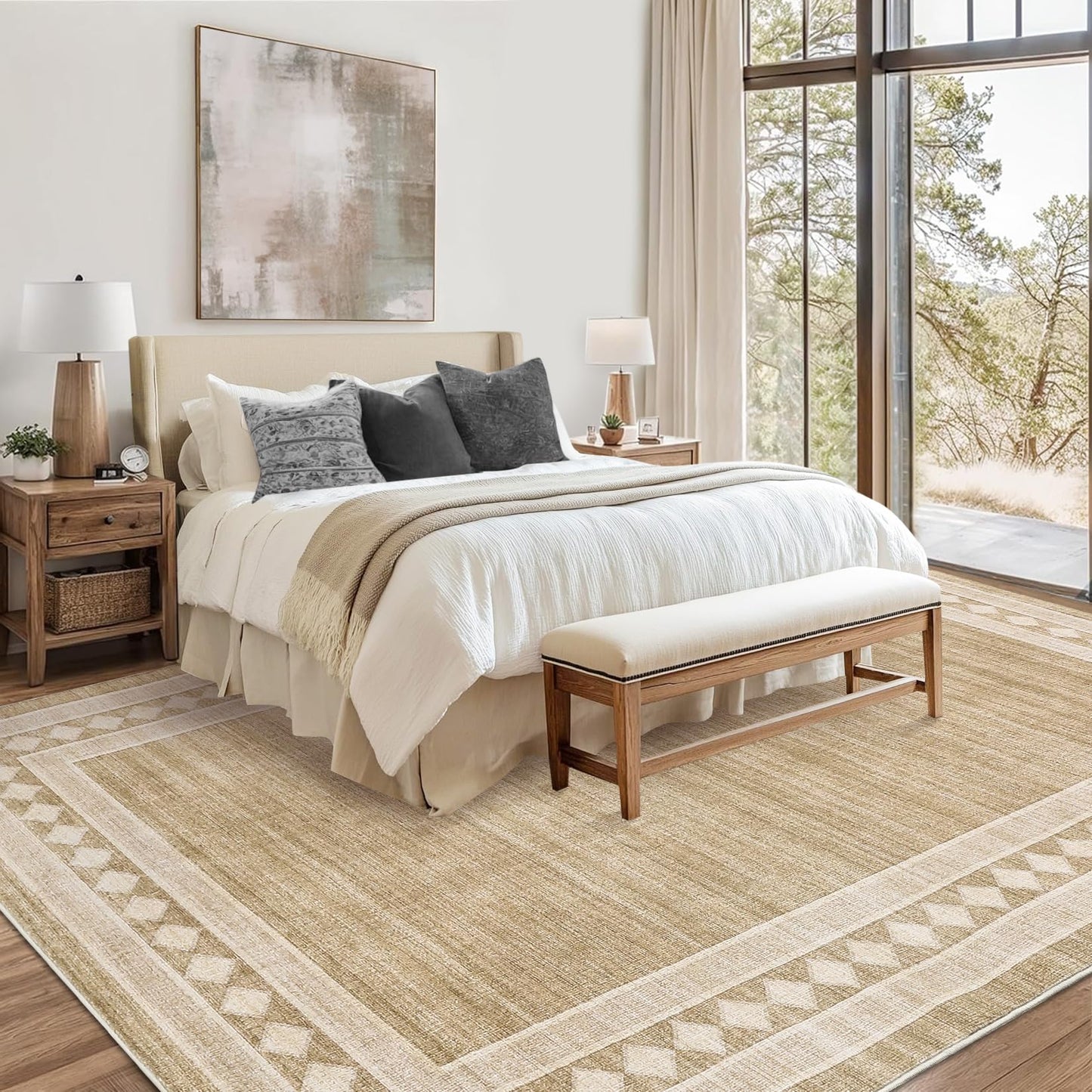 GlowSol Washable 6x9 Rugs Solid Bordered Area Rug for Living Room Bedroom, Soft Geometric Neutral Throw Rug Non Slip Low Pile Stain-Resistant Carpet for Dining Room Table Home Office,Jute Color