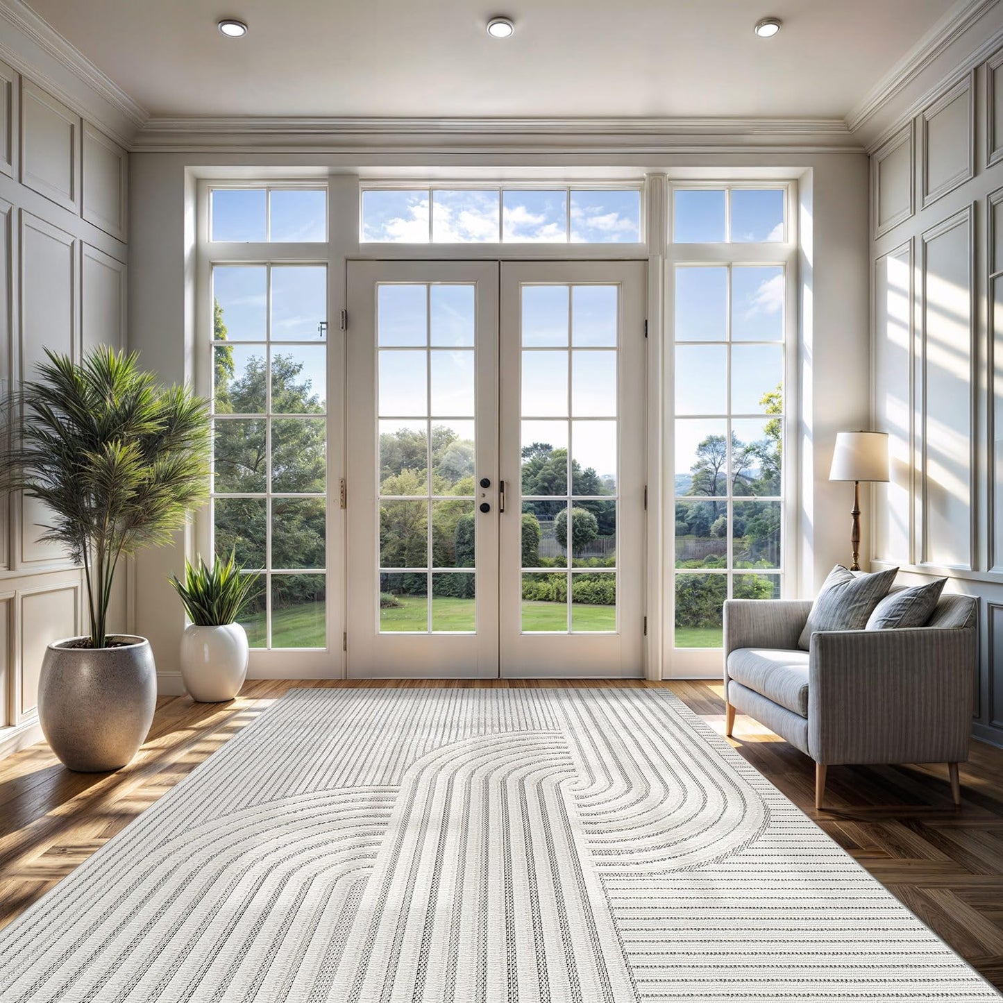 CAMILSON Modern Rug 9x12 Luxury Swirl Curved Large Micro Loop Area Rugs Soft High-Low Pile Stain Resistant Easy to Clean Non-Shedding Durable Living Room Kitchen Indoor Carpet (White)