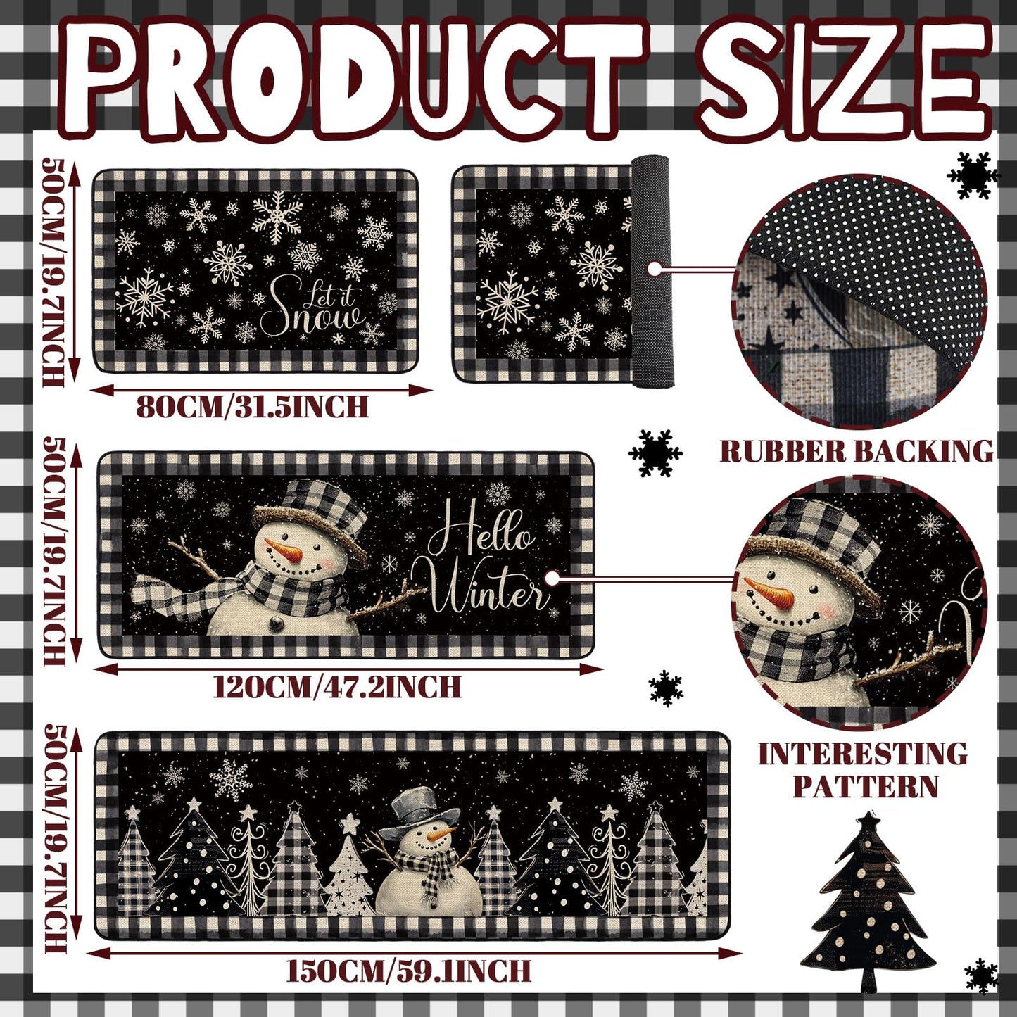 Drydiet 3 Pcs Winter Kitchen Rugs Non Slip Winter Floor Mat Snowman Kitchen Floor Hallway Laundry Sink and Bathroom, 20"x32" 20"x47", 20"x59"