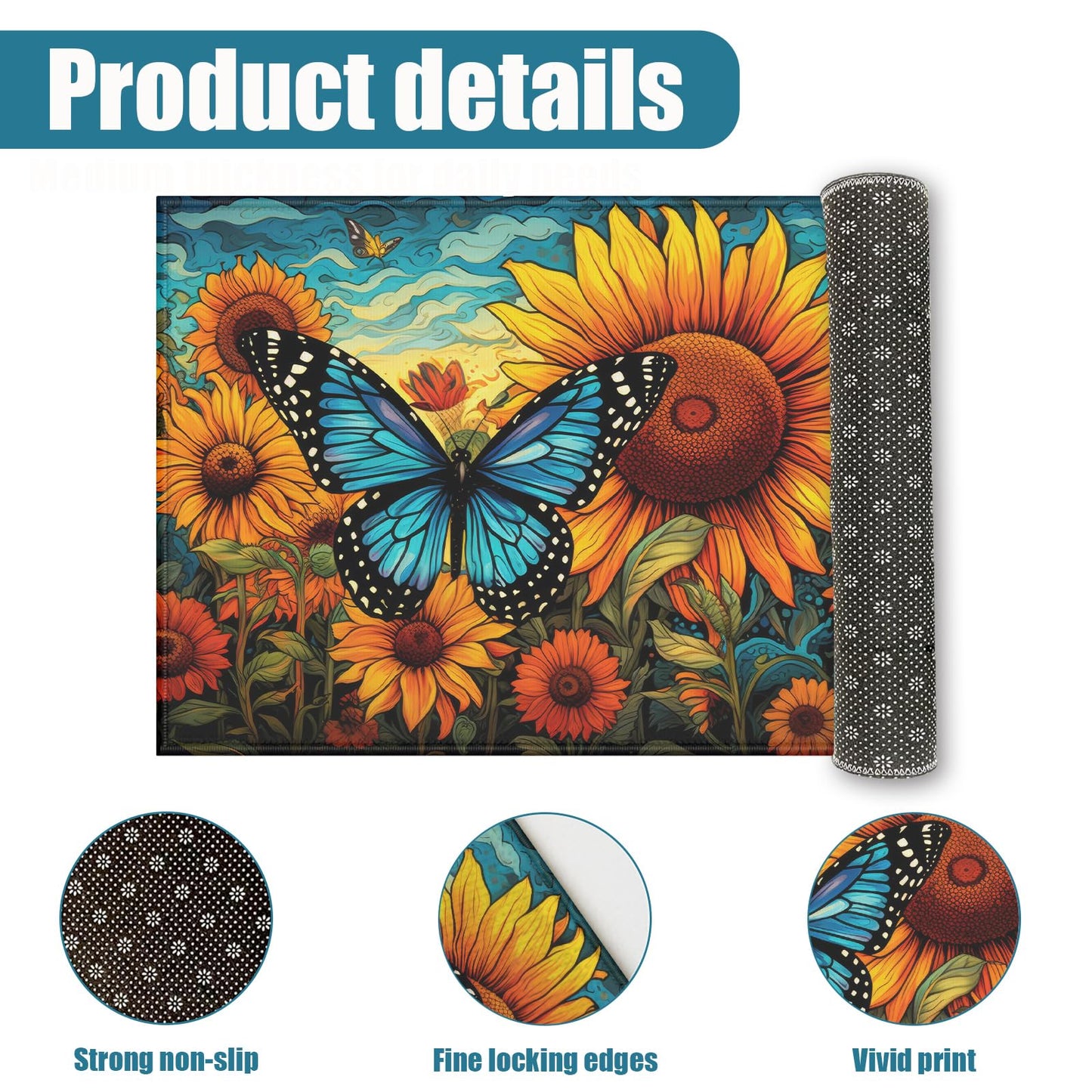 Summer Sunflower Indoor Door Mat, Butterfly Outdoor Entrance Doormat for Entryway Kitchen Bathroom 17 X 29 Inch