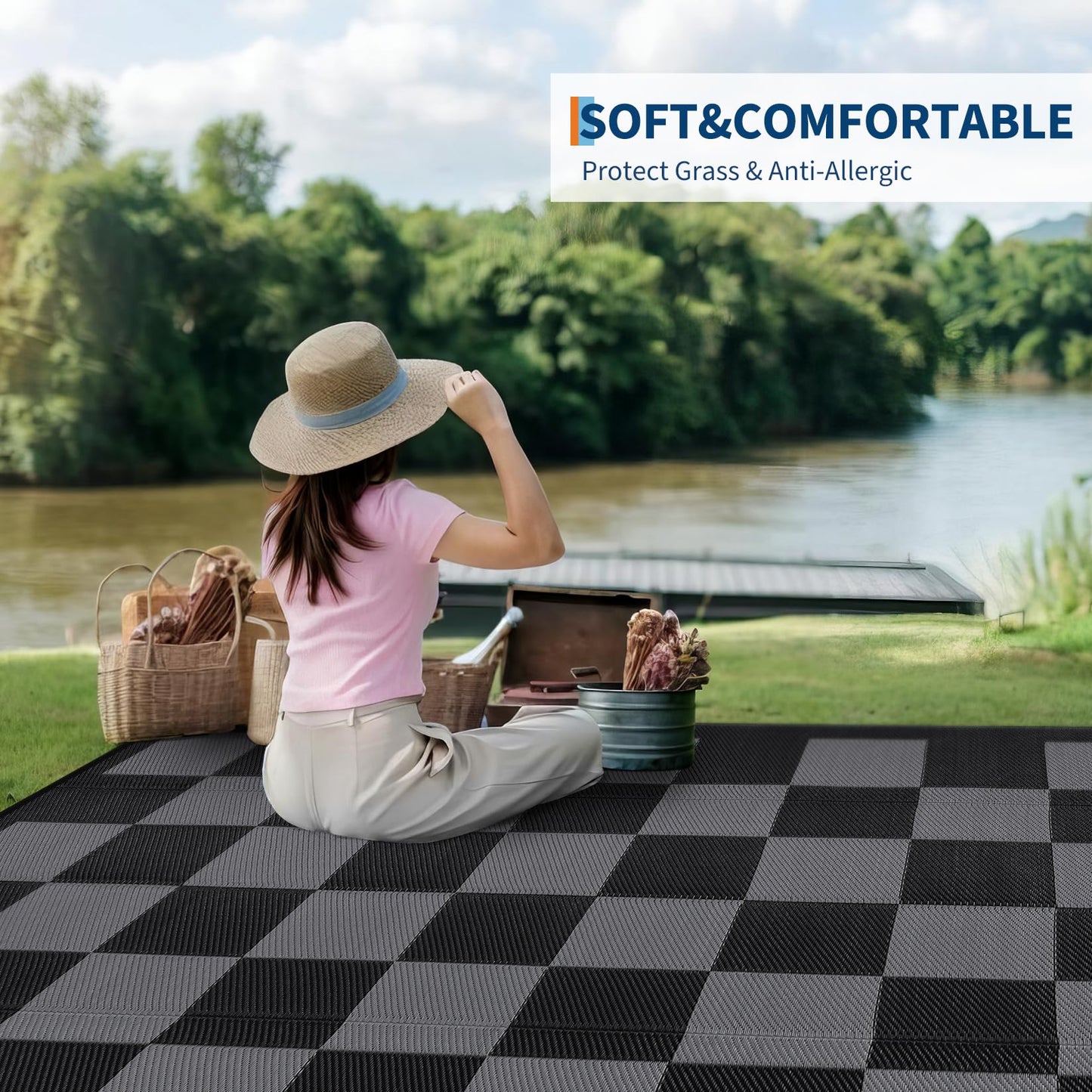 Outdoor Patio Rug 10x14 Large Waterproof Plastic Straw Camping Rug Reversible Stain Resistant Modern Checkered Carpet UV Resistant Foldable Mat for RV, Porch, Backyard, Black & Gray