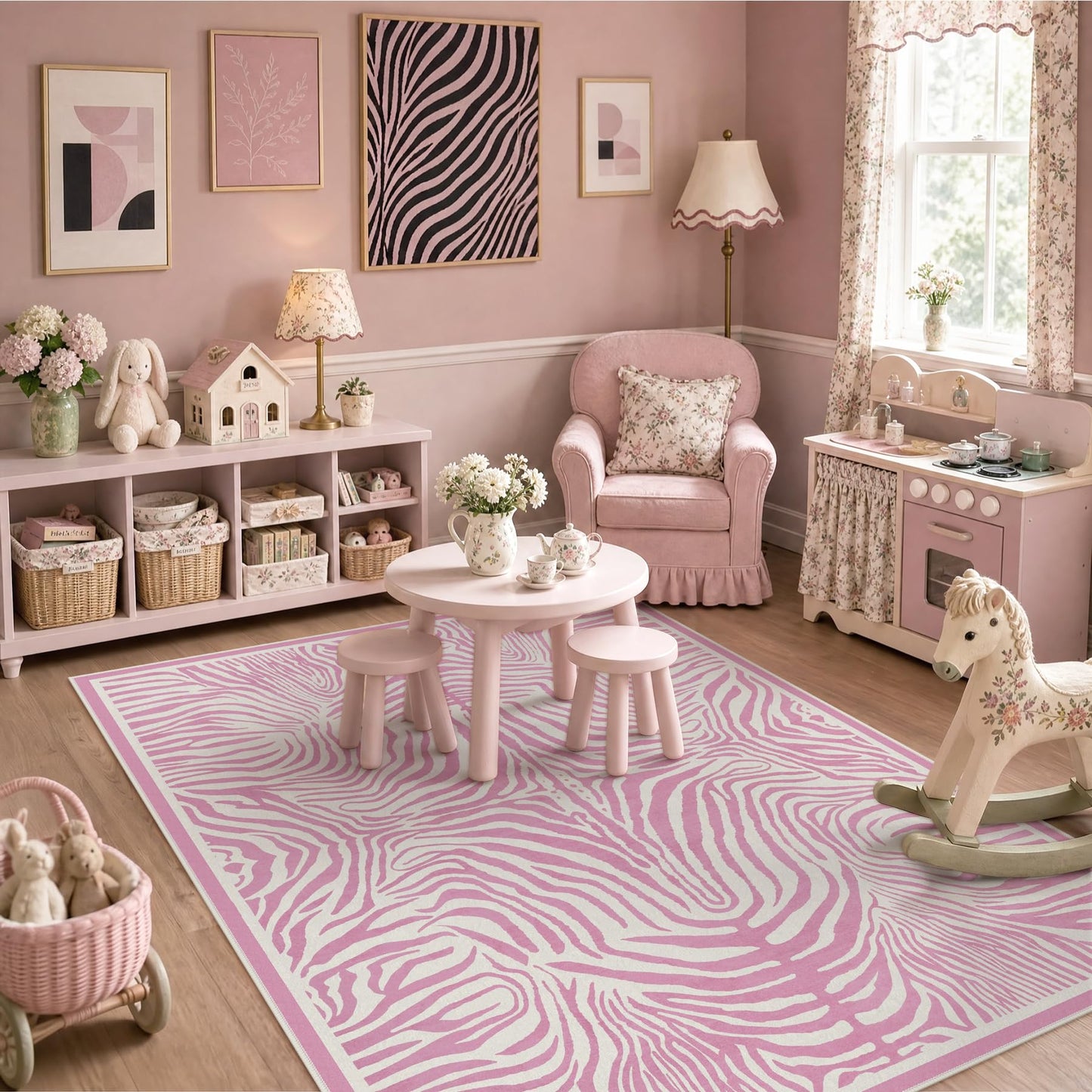 Tribesigns Pink Zebra Print 5x7 Area Rugs, Abstract Washable Rug, Modern Soft Non-Slip Rug for Girls Bedroom, Nursery, Living Room, Dorm and Kids Playroom, Boho Animal Striped Non-Shedding Carpet