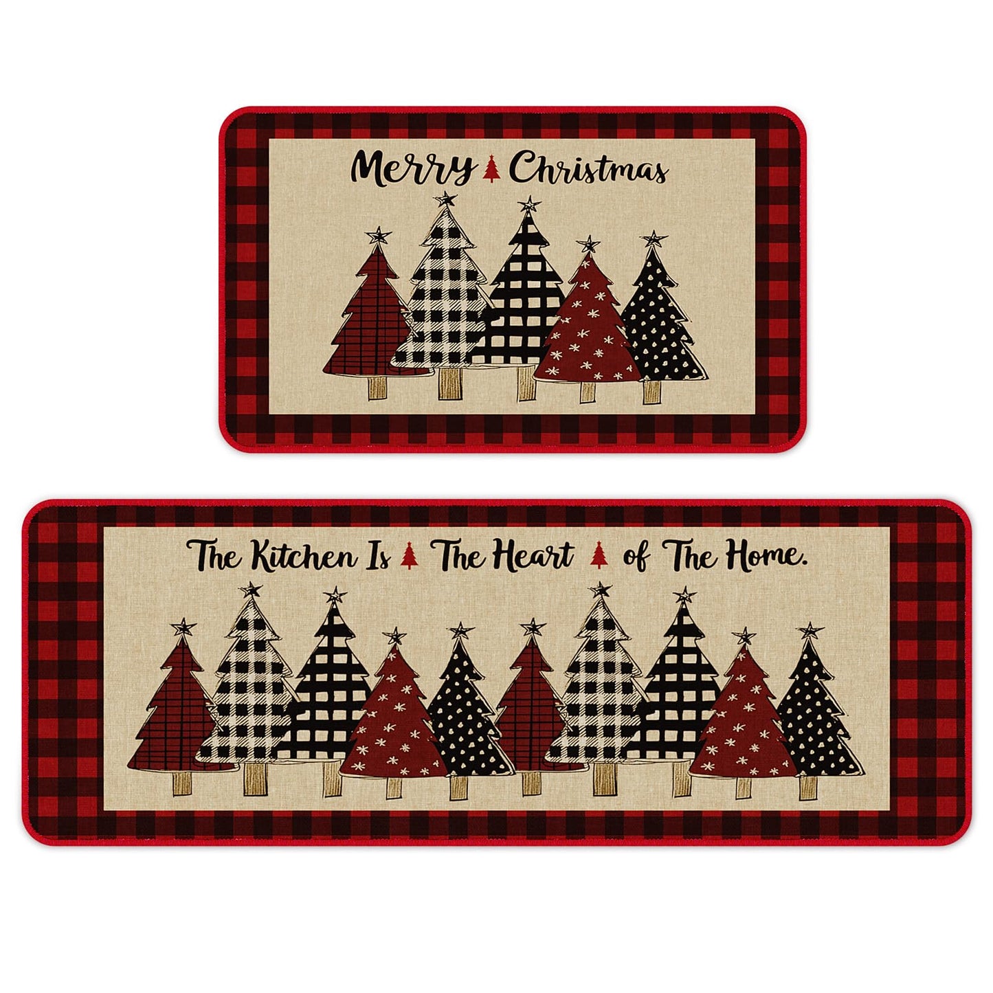 CHAMBERY Kitchen Rugs Set of 2, 17" x 29" & 17"x 47" Xmas Tree Non-Slip Backing Buffalo Plaid Merry Christmas Kitchen Mats for Floor,Low-Profile Winter Holiday Decorations Christmas Doormat