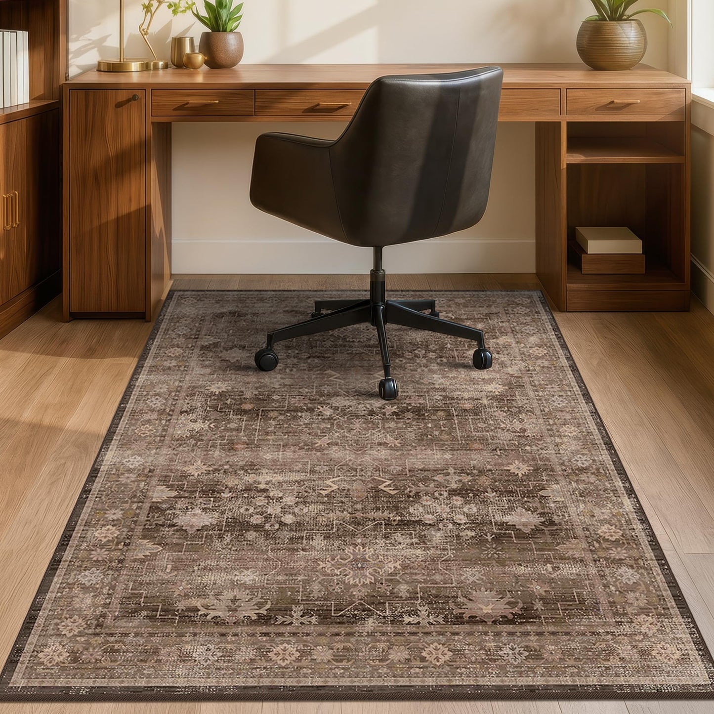 Office Chair Mat for Hardwood Floors, Brown Boho Desk Chair Rug, Low Pile Floor Protector for Rolling Office & Gaming Chairs, Non-Slip Washable Rug for Tile, Laminate, Home Office, 36" x 48"