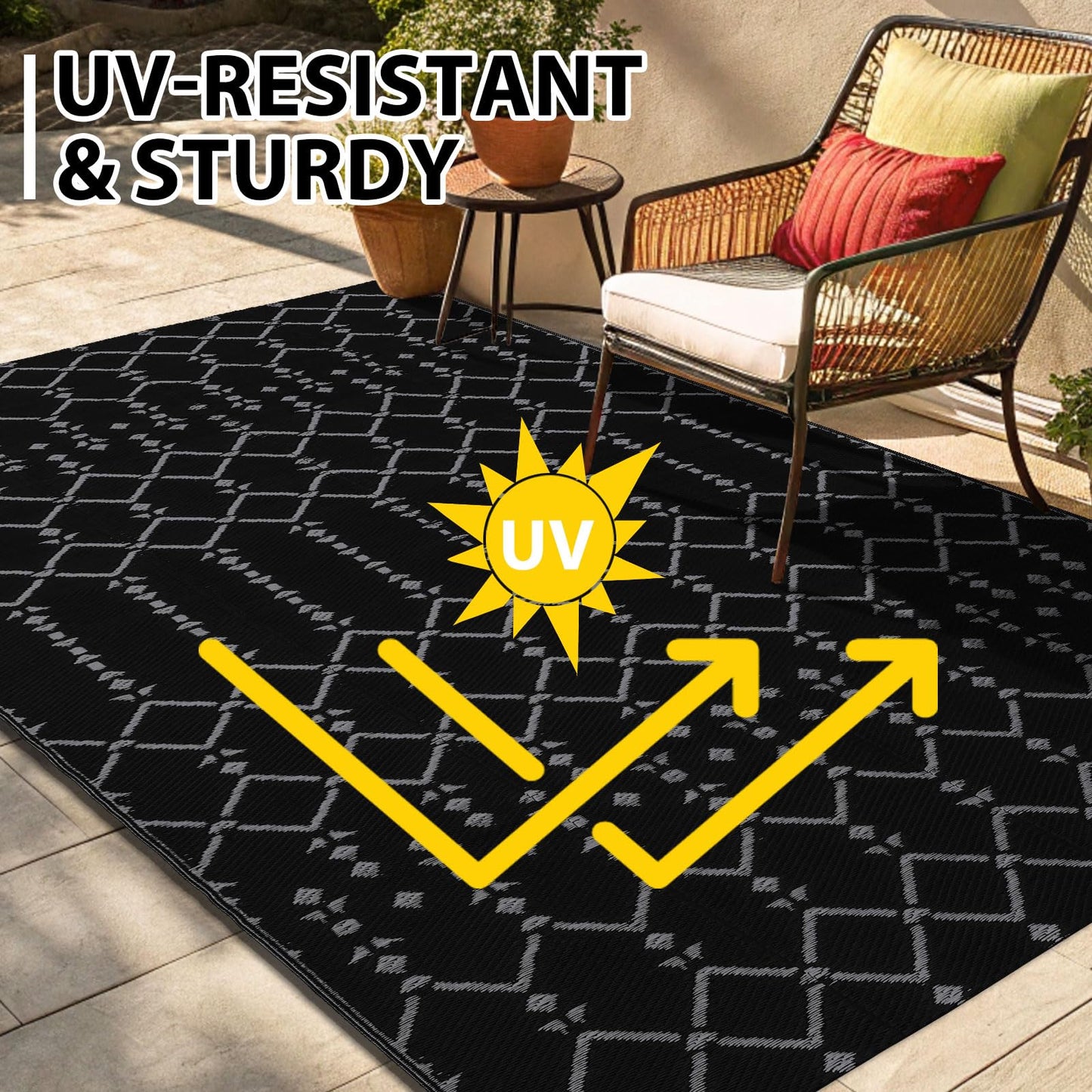 Smiry Outdoor Rug 5x8 ft, Waterproof Reversible Plastic Straw Rugs, Boho Outdoor Area Rug, Outside Floor Mat for Patio, Backyard, Deck, Picnic, Beach, Camping, Dark Grey