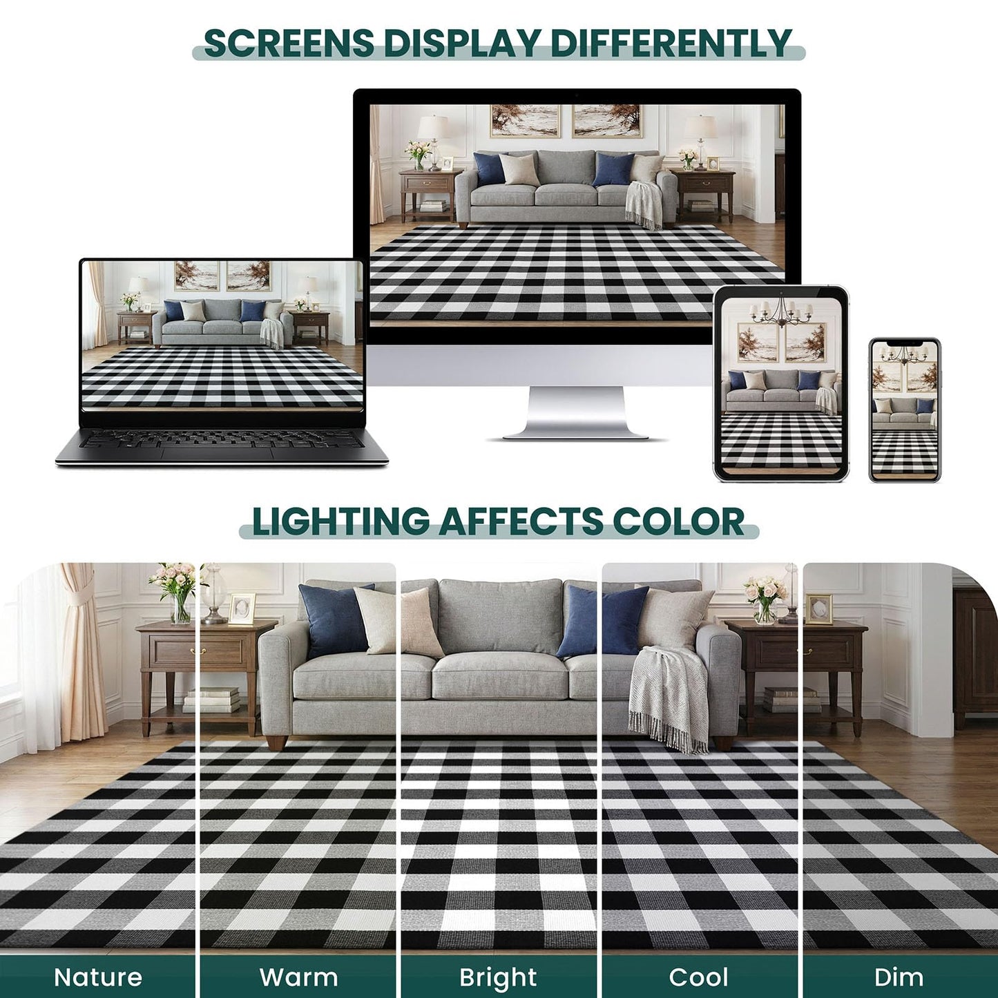 KOZYFLY Buffalo Plaid Area Rug 5x8 Living Room Rug Washable Cotton Black and White Checkered Rugs Outdoor Carpet for Dining Room Bedroom Farmhouse Patio Rugs