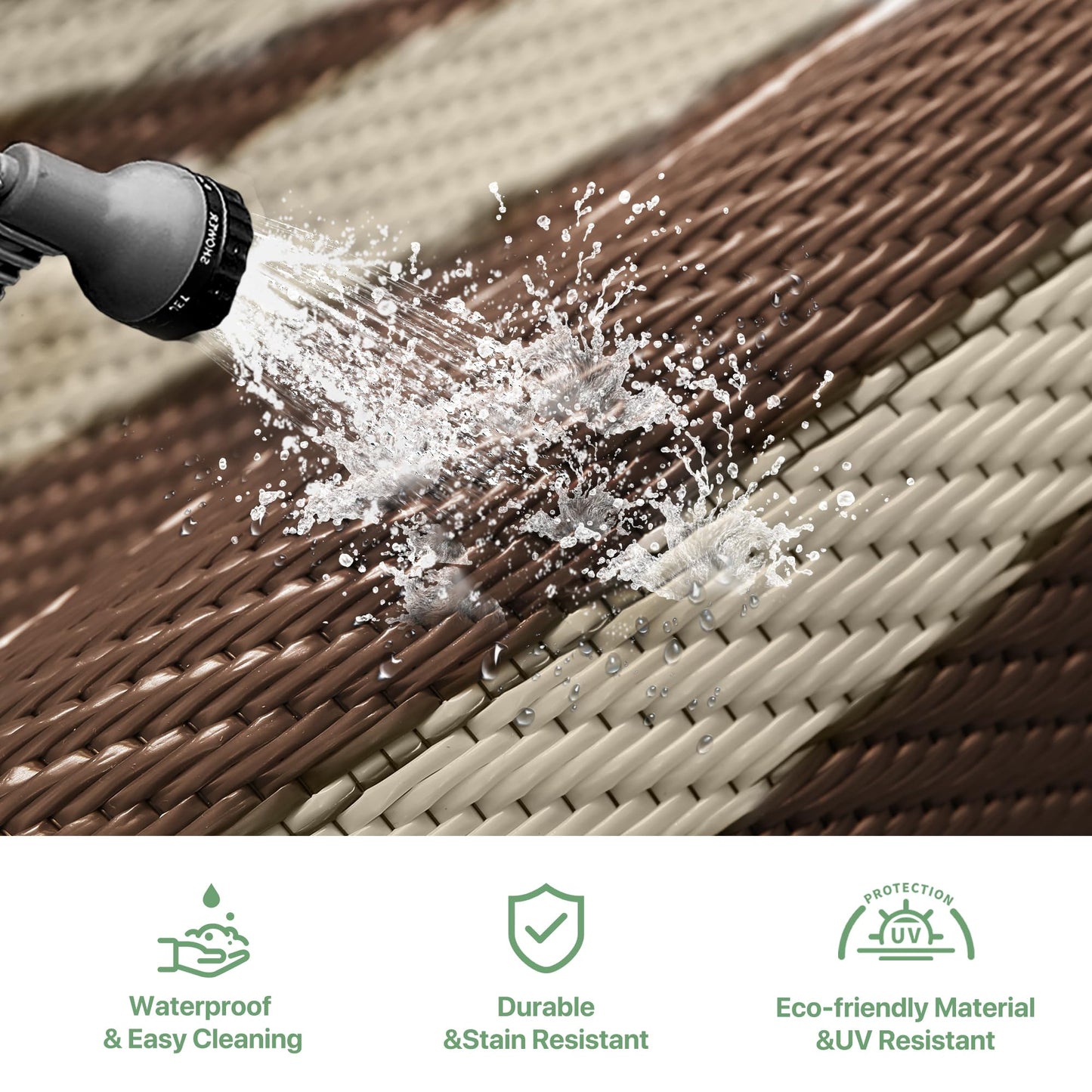 GENIMO Outdoor Rug Waterproof for Patio, 8'x10' Foldable Reversible Plastic Straw Carpet for Travel Trailers, Outside Area Mat for Rv, Deck, Picnic, Porch, Camper, Balcony, Beach, Coffee & Beige