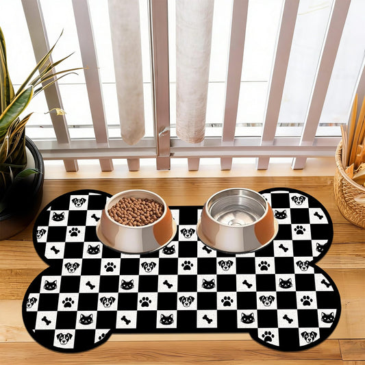 Pet Dog Cat Food Mat, Absorbent Bone Shaped Dog Bowl Mats for Food and Water, Non Slip Cute Footprint Dogs Cat Placemats Feeding Mat for Floors Puppy Pet Accessories Supplies 12"x20" Black White