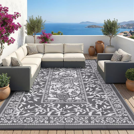 Garvee Outdoor Rug 9x12, Waterproof Reversible Foldable Plastic Straw Rug, Botanical cottagecore Outdoor Rugs Patio Camping RV Carpet for Deck Camper Porch Balcony Backyard Picnic Beach Grey