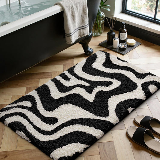 LUMI Non Slip Bathroom Rug Modern Aesthetic, Ultra Soft Absorbent Washable Bath Mats, Quick Dry Premium Floor Rugs for Shower, Tub, Black and White, 24x43