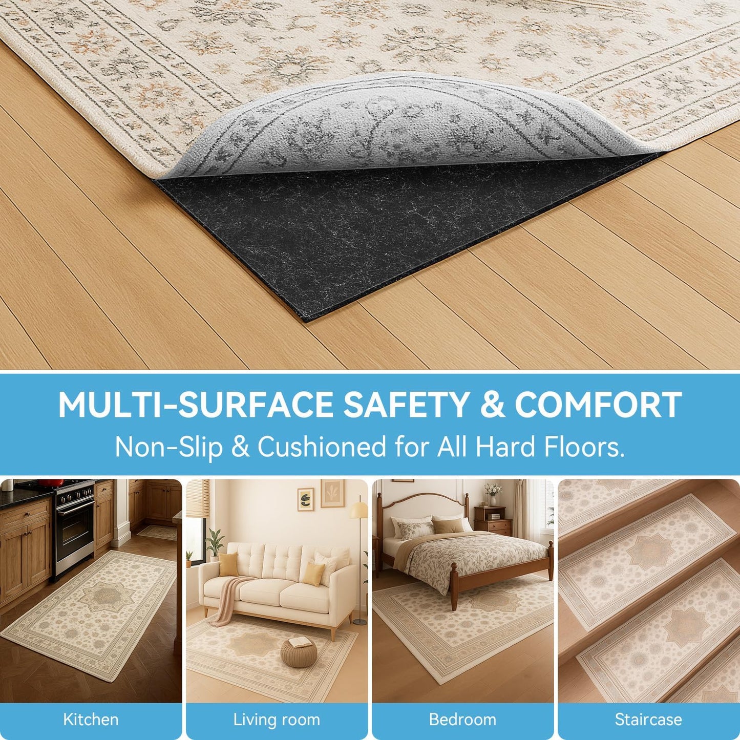 Warmstar 8x10 FT Non Slip Rug Pad,100% Waterproof Felt Rug Pad for Hardwood Floors,1/8” Thick Soft Carpet Pad with Natural Rubber Backing, Secure Grip & Floor Protection