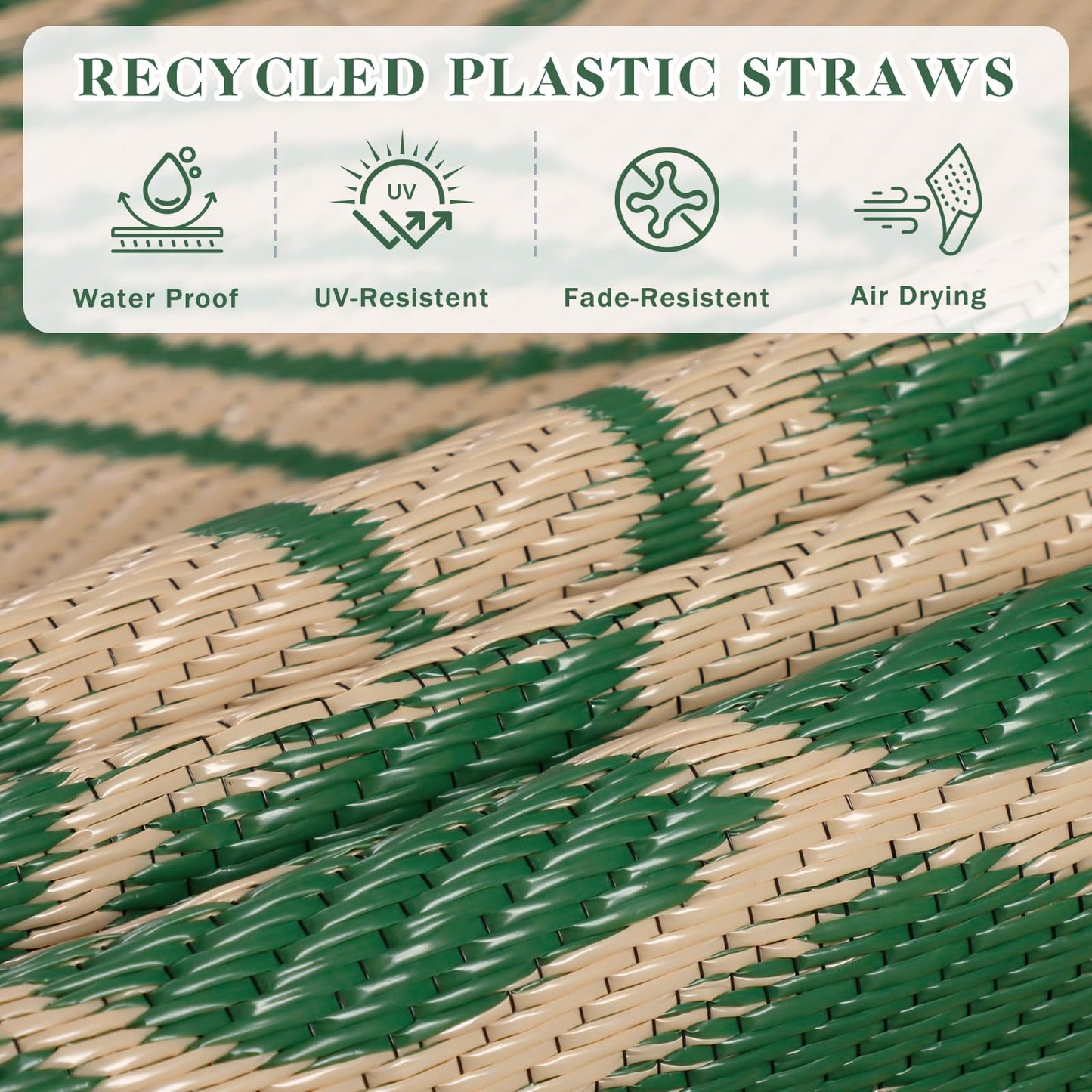TUKDAK Waterproof Outdoor Rugs 5x8, Green Outdoor Plastic Straw Rug Double-Sided, Fade Resistant Patio Rug, Easy Cleaning RV Camping Mats Outside Carpet Portable for Balcony Porch Garden Deck Picnic