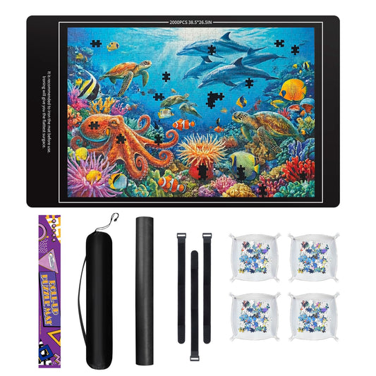 Nattork Jigsaw Puzzle Mat Roll Up，Portable Saver Pad Up to 2000 Pieces，with Non-Slip Rubber Bottom，4 Puzzle Sorting Trays & 1 Storage Bag