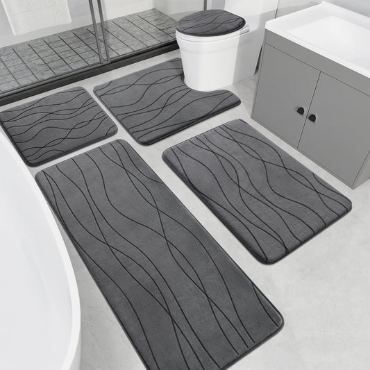 YIHOUSE Memory Foam Bathroom Rugs Sets, Dark Grey, 5 Piece
