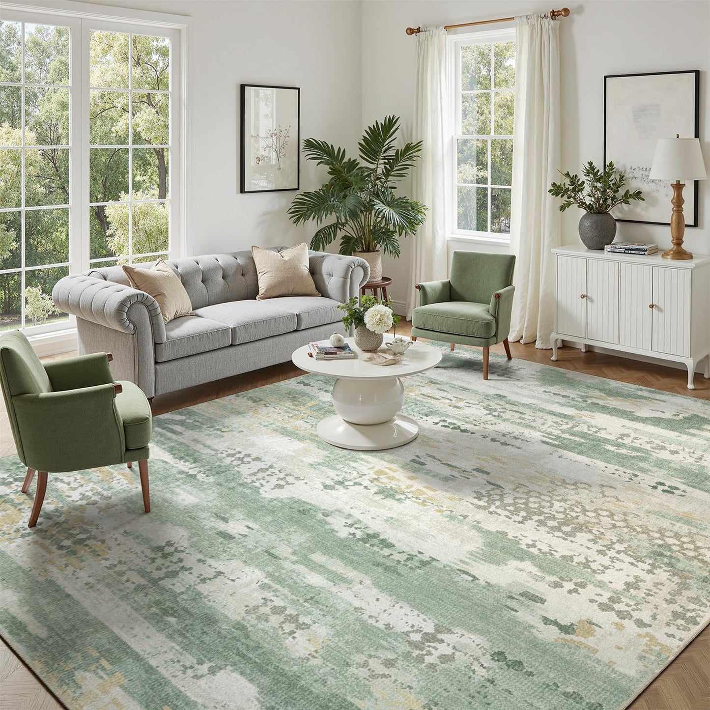 DCX Abstract Area Rug 5x7, Washable Sage Green Modern Rug for Living Room, Kid & Pet Friendly with Rubber Back Non Slip, Soft Low Pile Carpet, Stain Resistant Rug for Bedroom, Office, Dining Room