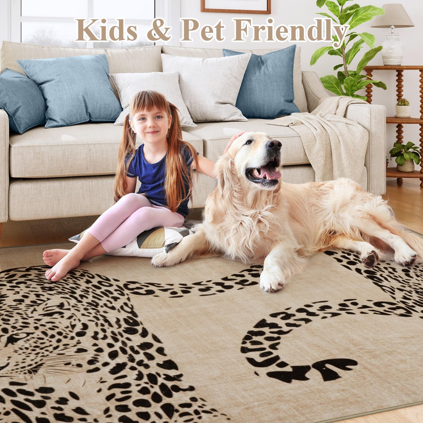 OJIA Leopard Print Rugs for Living Room Beige 8x10 Rug Washable Area Rugs for Bedroom, Modern Non-Slip Ultra-Thin Soft Large Carpet Non-Shedding Nursery Rug for Kids Playroom Dining Room Home Decor