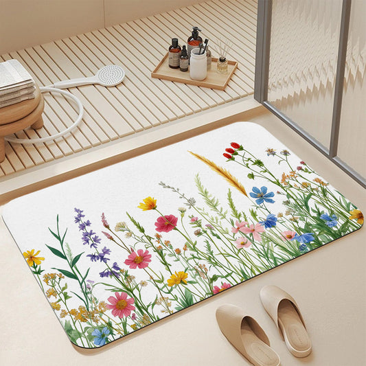 GYYGOO Bath Mats for Bathroom,Spring Wildflower Bathroom Rugs,Rustic Garden Floral Diatomaceous Bath Rug Quick Dry, Non Slip Super Absorbent Low Profile Doormat for Home Kitchen Patio 17 X 29.5 Inch