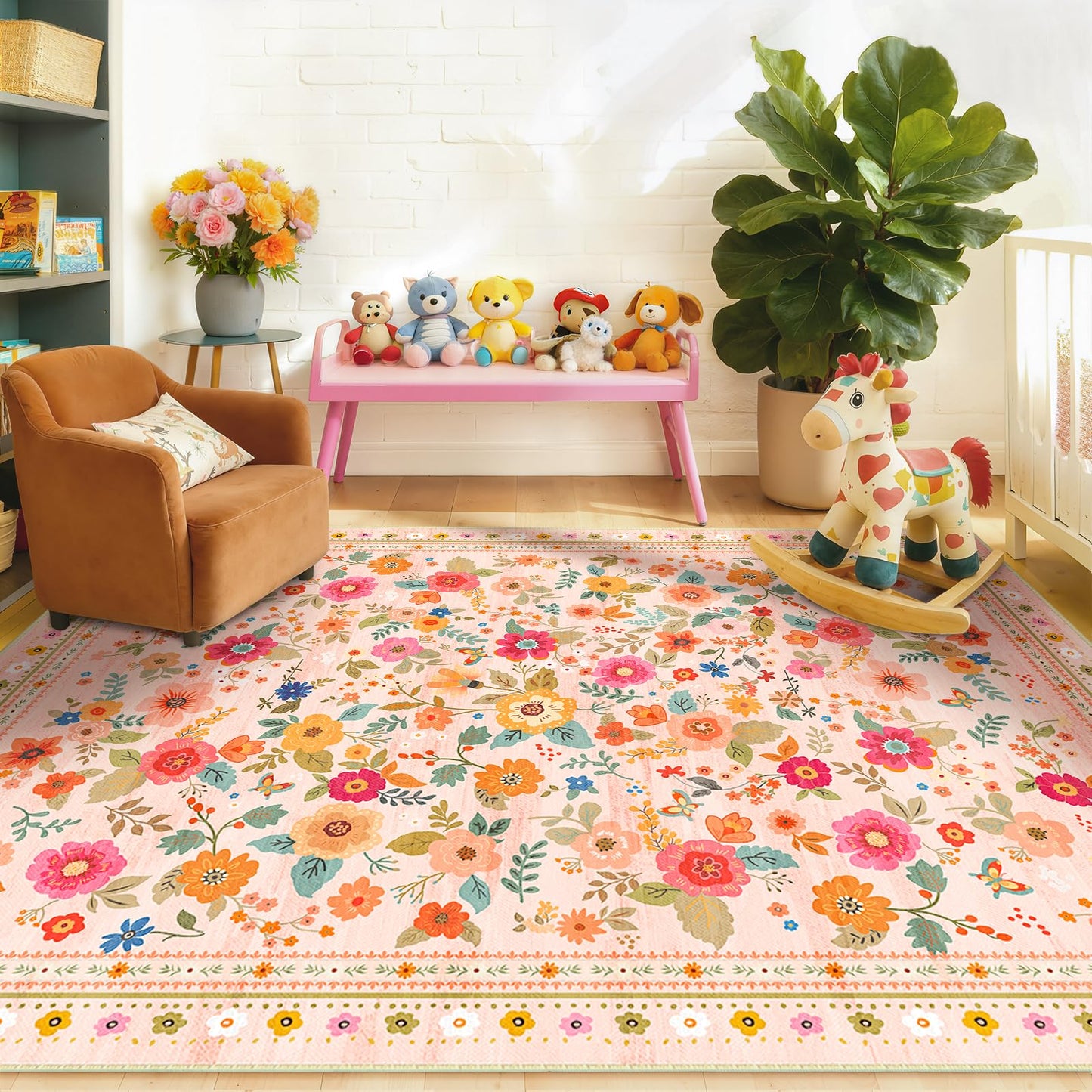 5x7 Area Rugs, Washable Floral Rug, Low Pile Non-Slip Carpet, Flower Rug for Living Room Bedroom Hallway Entryway Kitchen Office, Pink Beige
