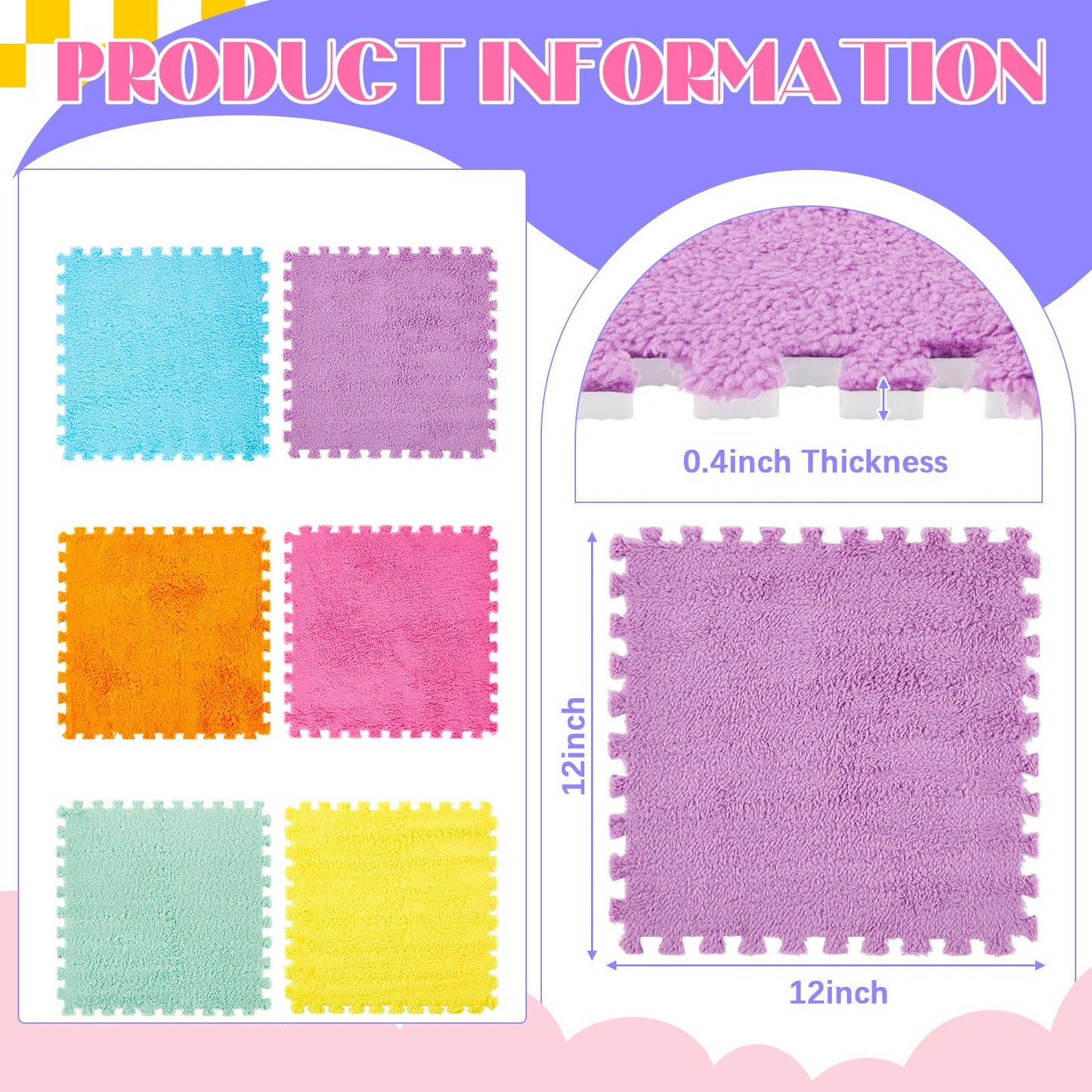 Tinideya 36 Pcs Plush Interlocking Carpet Tiles, 12 x 12 x 0.4 Inch EVA Foam Puzzle Mat Squares, Soft Washable Anti Slip Floor Mat for Bedroom, Nursery, Playroom, Living Room, Macaron Colors