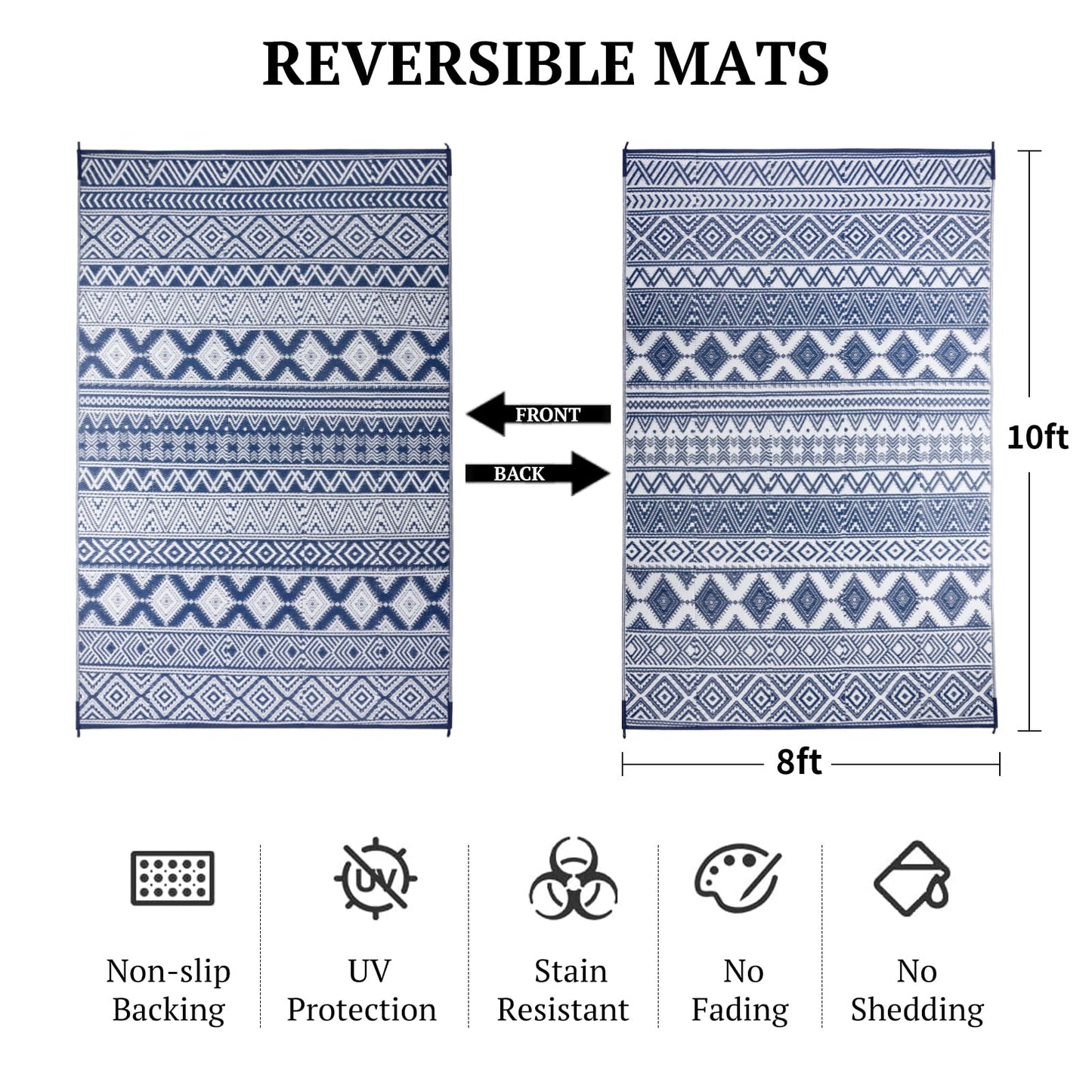 Waterproof Outdoor Rug 8x10 ft, Reversible Plastic Straw Patio Camping Rugs, Outdoor Indoor RV Mat Carpet for Patio, Outside Entry, Backyard, Deck, Bench, Picnic, Camper(8x10,Blue&White)
