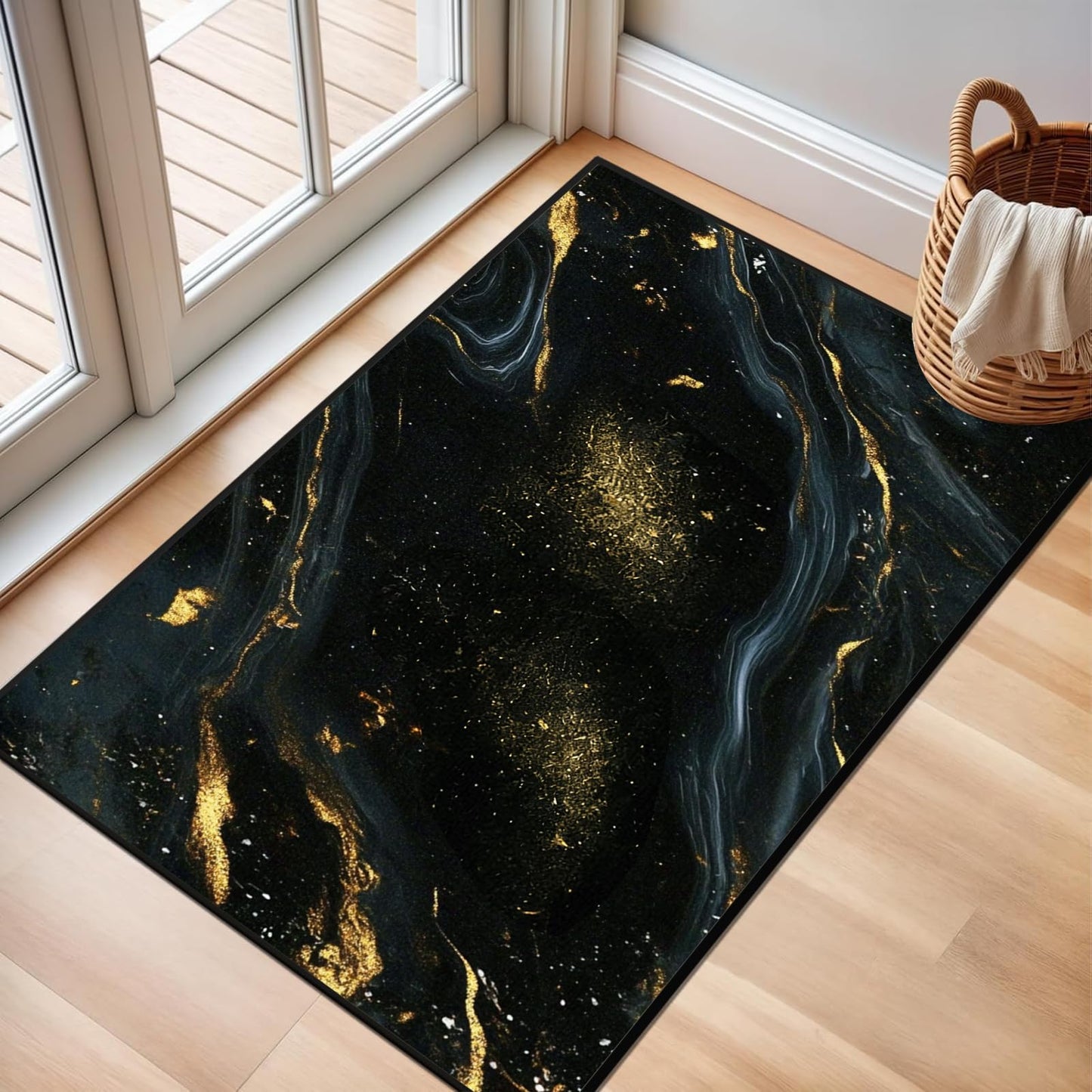 Lveesto 2'x3' Black and Gold Area Rug, Marble Rug for Living Room Bedroom and Dining Room, Modern Washable Abstract Carpet Bedside Floor Mat for Home Decor