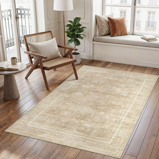 UERMEI 4x6 Machine Washable Area Rug: Vintage Non Slip Low-Pile Stain-Resistant Indoor Floor Carpet, Polyester Soft Perfect for Living Room Bedroom Nursery, Kid Pet Safe Robot Vacuum Friendly - Brown
