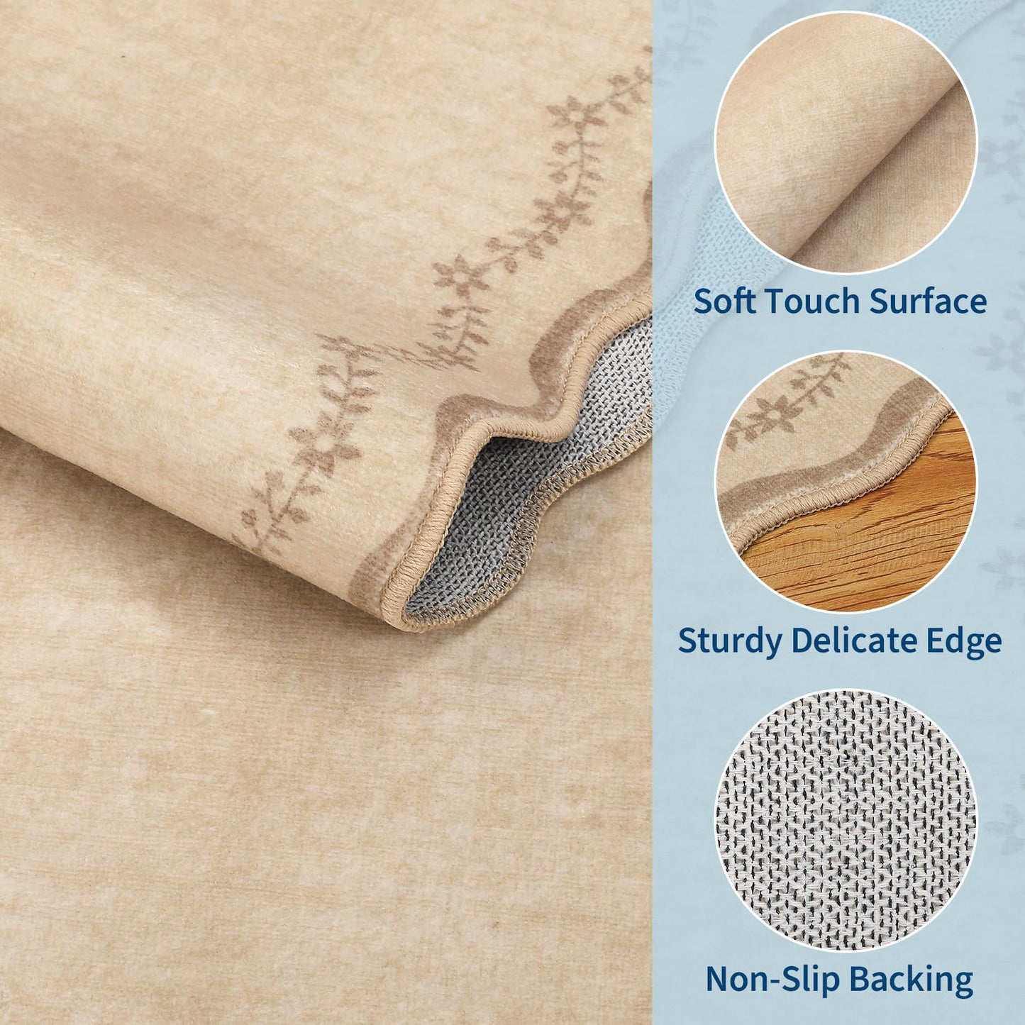 GarveeHome 2x6 Scalloped Washable Runner Rug for Kitchen, Soft Tan Jute Hallway Runner Non Slip Entryway Rug Farmhouse Thin Laundry Mat Stain Resistant Carpet for Bedroom Bathroom Beside Rug