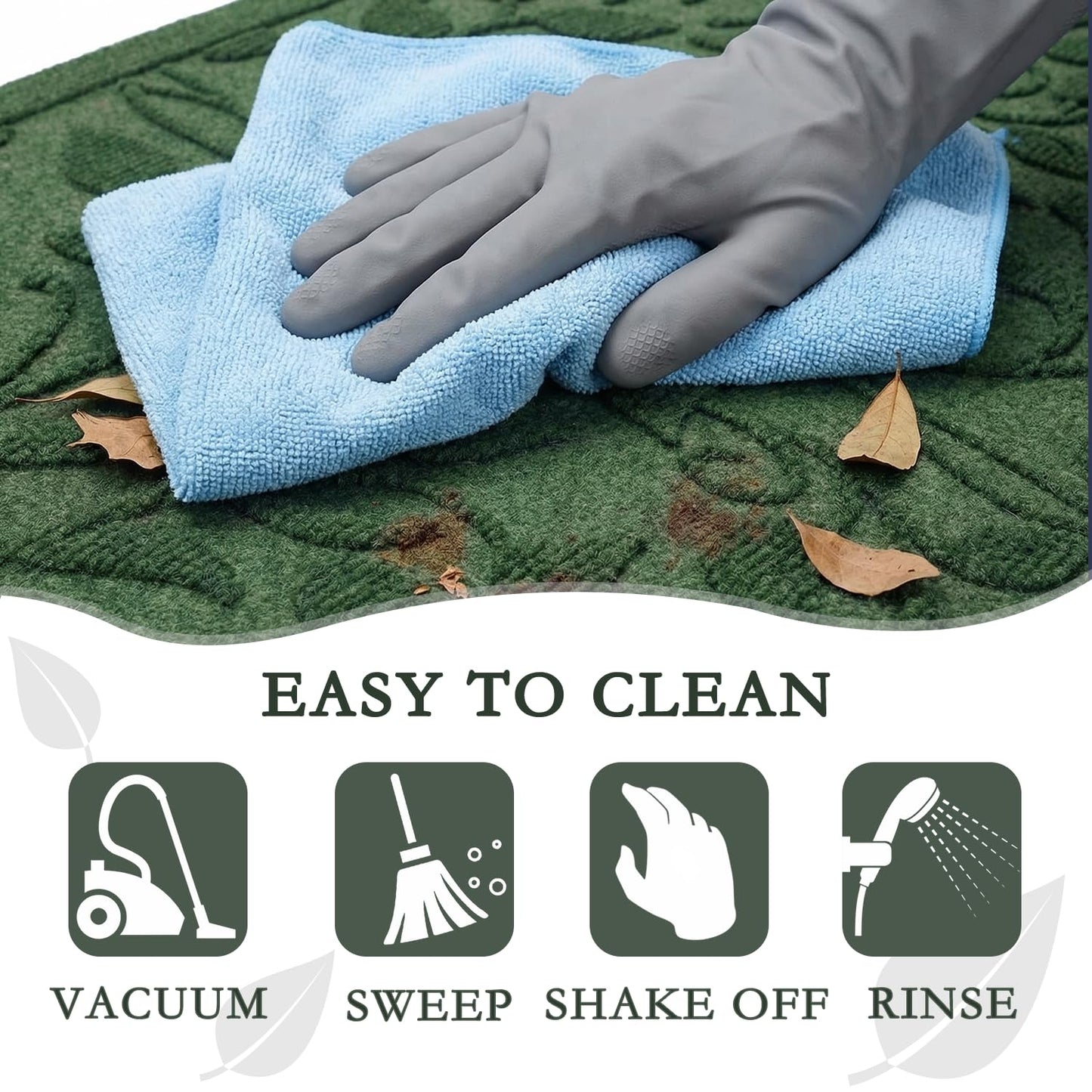 VivaNest Green Leaves Ivy Scroll Outdoor Indoor Entrance Door mat, Durable Absorbent Mud Scraper Mat for Front Door, Thick Natural Rubber Back, Easy Clean Entryway Welcome Mat 17x30 Inch, Low Profile
