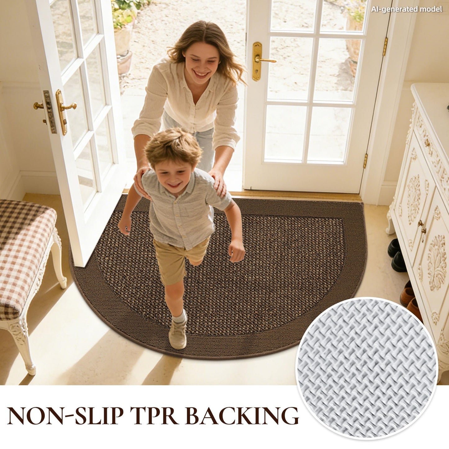 FLOORHUG Half Circle Door Mat Indoor Entrance Welcome, Non-Slip Washable Doormat, Trap Dirt and Moisture, Low Profile Mats for Indoor Entry, 24"x36", Brown