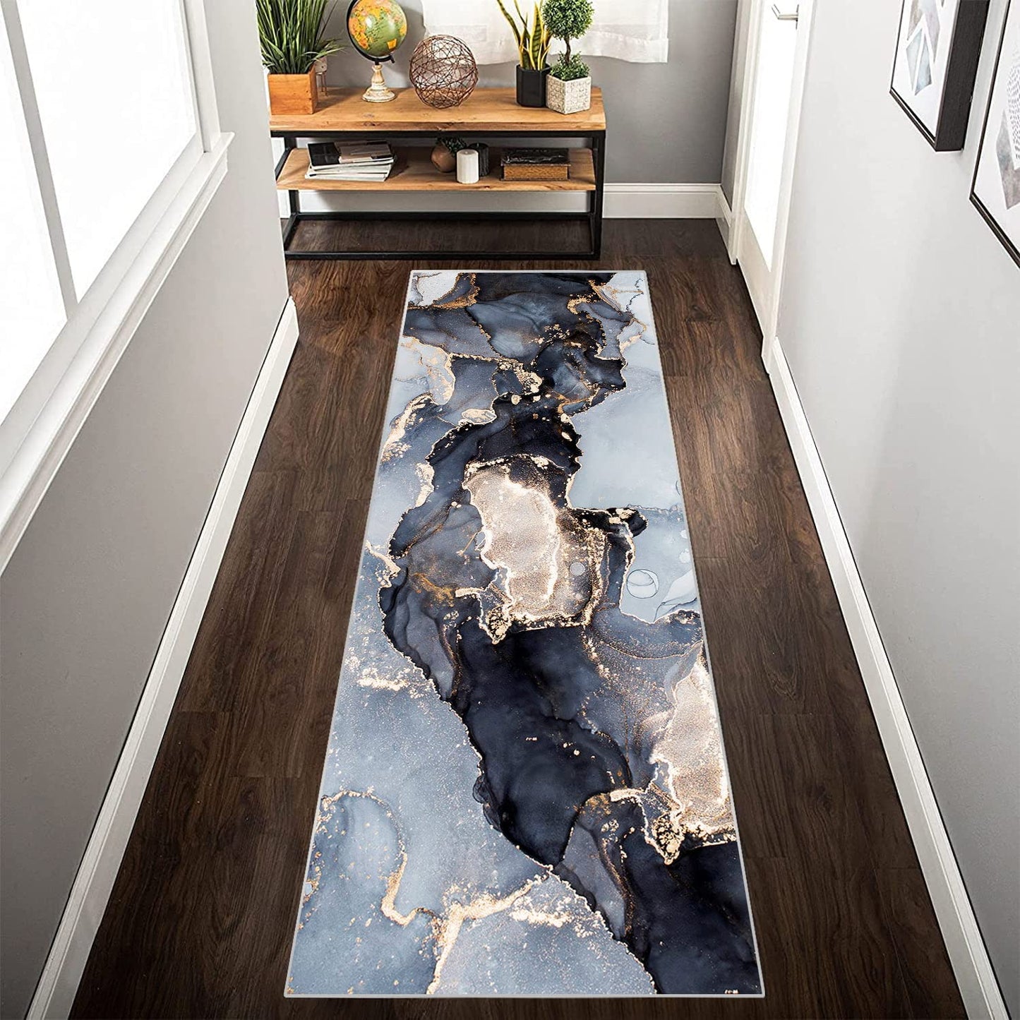 Hallway Runner Rug, Luxury Modern Abstract Marble Texture Carpet for Entryways Hallways Bedroom Laundry Room Kitchen Floor Runner (Blue, 2x6 Ft)