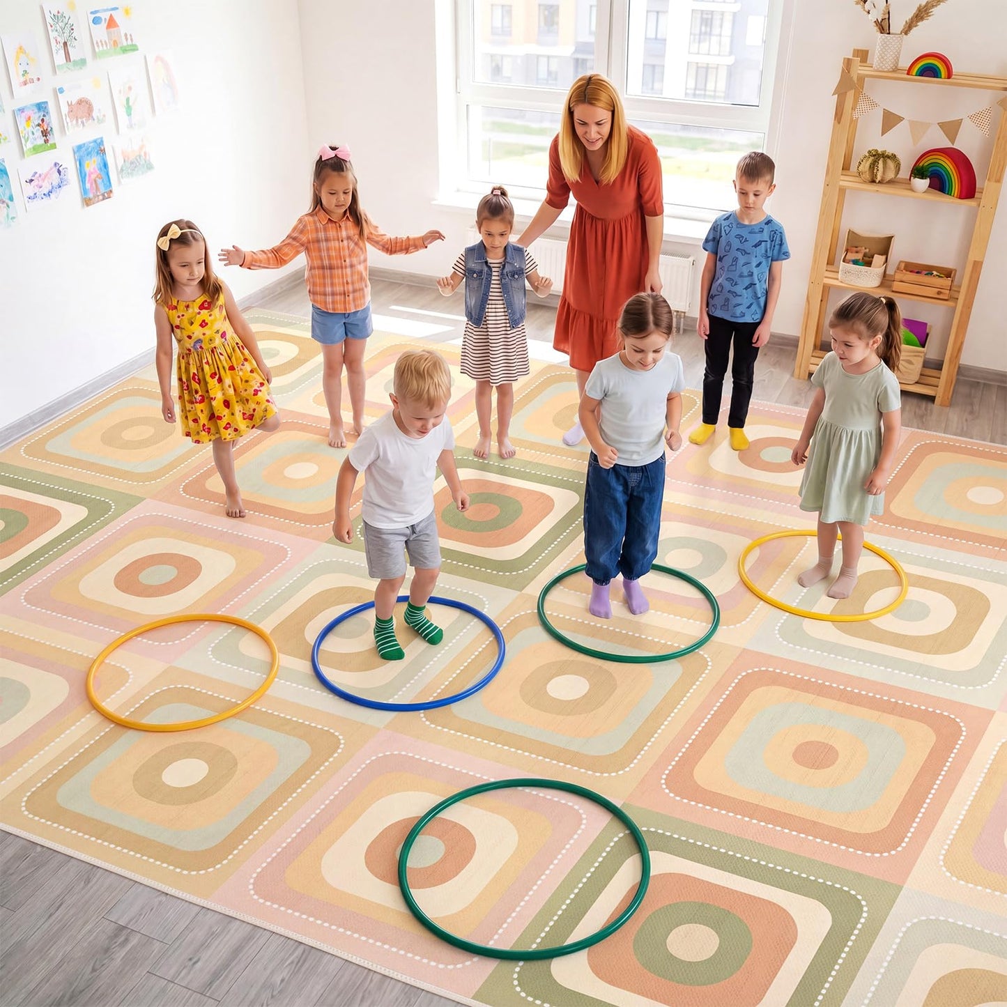 Amylove 7.6 x 12 ft Large Classroom Rug Elementary, Rounded Squares Circle Time Seating Area Rug, Soft Boho Educational Carpet for Preschool, Kindergarten & Daycare, Learning Play Mat, Seats 24