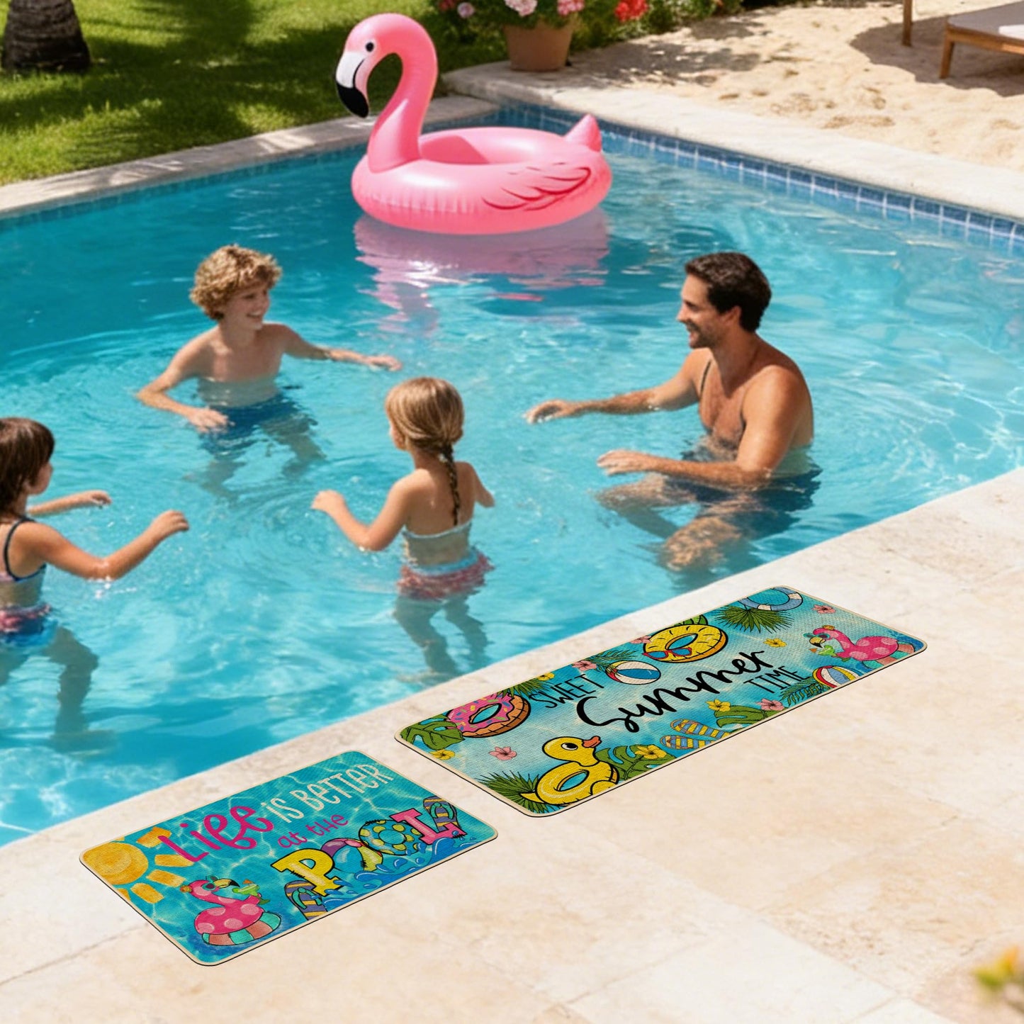 Baccessor Summer Pool Kitchen Rugs Set of 2, Poolside Tropical Flamingo Kitchen Mats Non-Slip Low Profile Seasonal for Floor Hallway Laundry Sink Patio Porch Home Decor 17x29 and 17x47 Inch