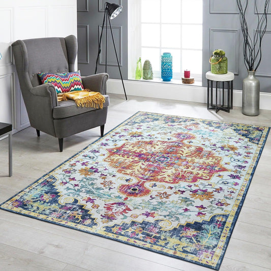 Mandala - Indoor Area Rugs 3x5 Washable, Stain Resistant Machine Washable Rugs for Living Room, Bedroom, and Modern House Décor - Durable Polyester Material, Colorful Patterned - Blue