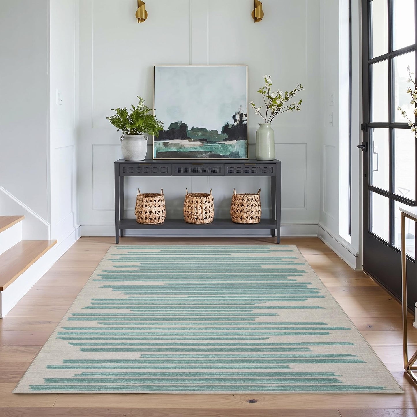 GarveeHome 5x7 Green Rug Washable Striped Carpet for Living Room Bedroom Modern Non Slip Low Pile Small Aea Rugs with Green Lines Geometric Stain Resistant Simple Office Rugs, Turquoise