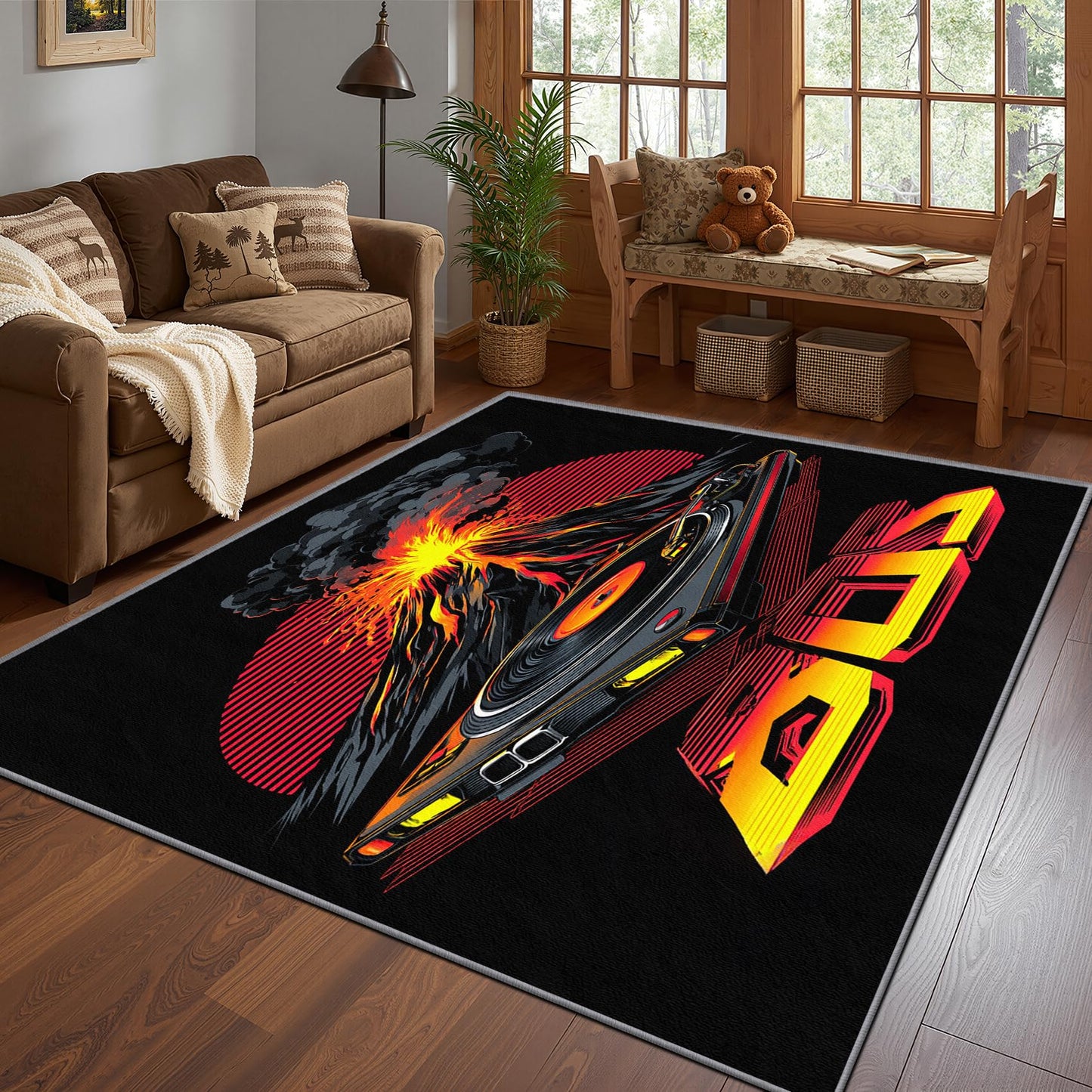 Mistwalk Retro 80s Door Mat Indoor Entrance, Volcano Vinyl Record Washable Rugs for Entryway, 3x4 Rug Non Slip, Soft Low Pile & Stain Resistant Small Carpet, Vaporwave DJ Musical Home Decor Gifts