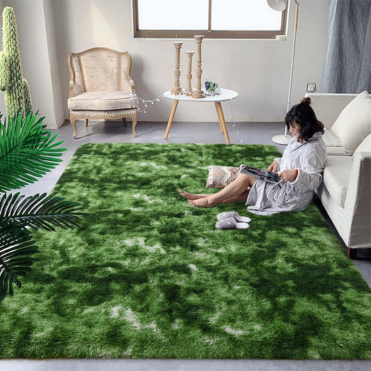 DweIke Fluffy Dark Green Rugs for Bedroom Living Room, 3x5 Feet Soft Plush Shaggy Tie-Dyed Forest Moss Green Girls Boys Kids Rug, Non-Slip and Machine Washable Carpet for Dorm Nursery Decor