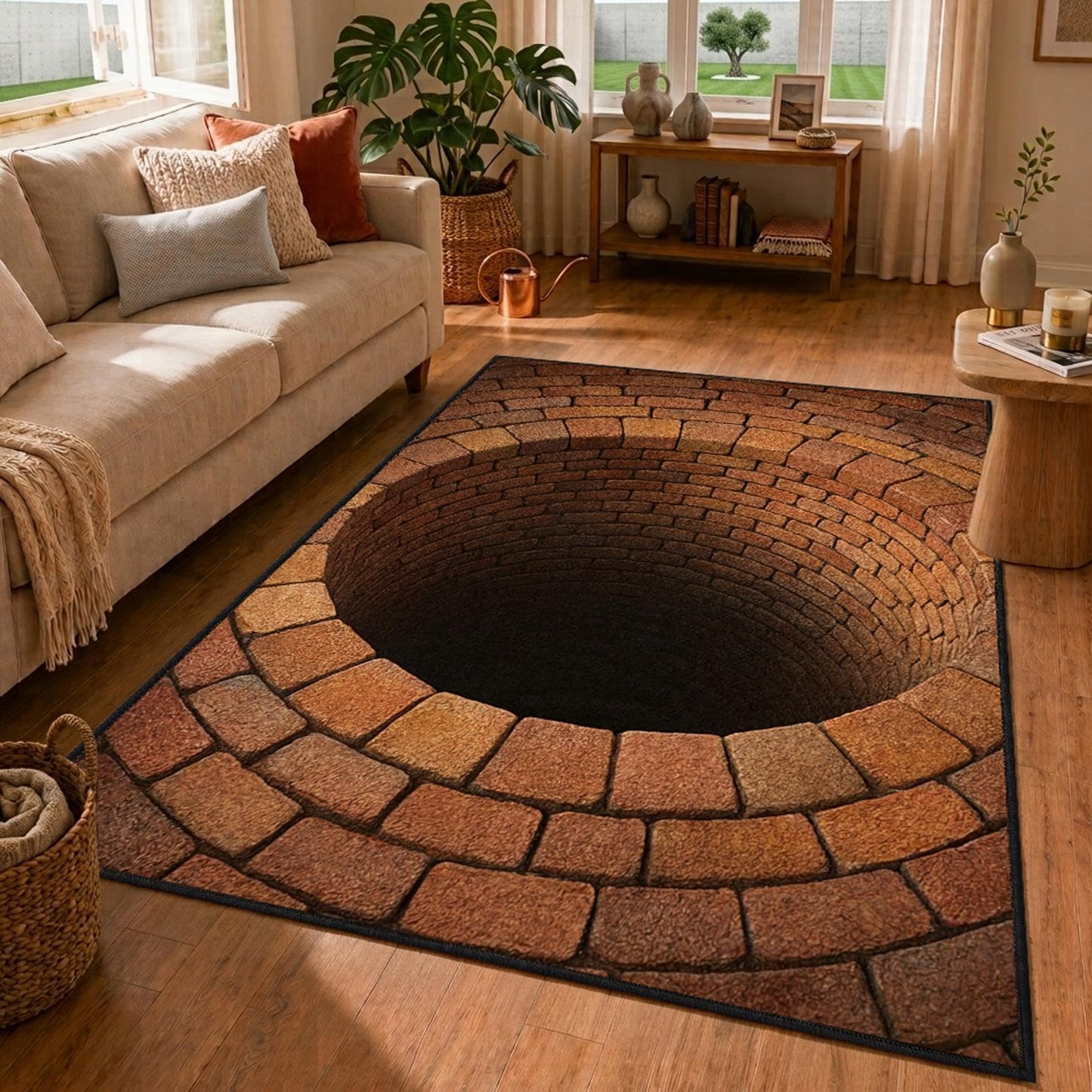 CASAVAINE 3D Optical Illusion Vortex Rug 5'x7' Realistic Brick Well Hole Design, Soft Non-Slip Washable Area Rug for Living Room, Bedroom, Game Room Decor, Fun Modern Decor