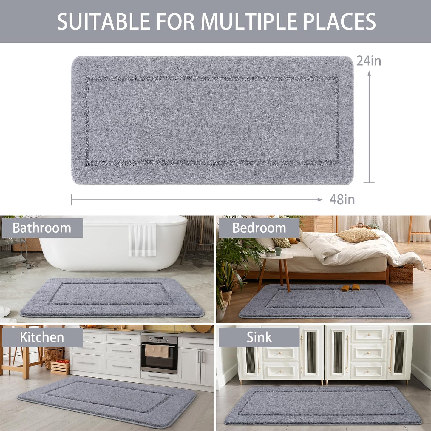 LOCHAS Luminous Non Slip Bathroom Rugs Runner 24 x 48 Inch, Extra Soft and Comfy Bath Mats Rug, Absorbent Thick Microfiber Mat Carpets for Shower, Light Gray