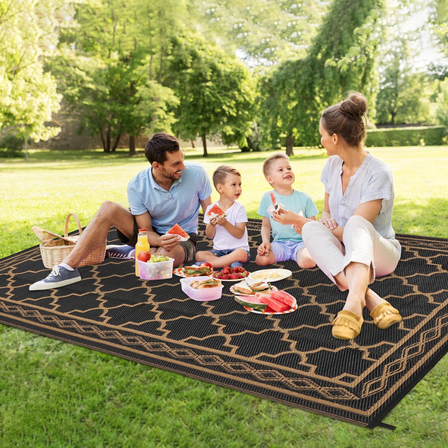 GarveeHome Outdoor Rug 9x12 Waterproof Rug for Patio Clearance Large Plastic Straw Mat Camping Carpet Reversible Plastic Outdoor Rug for RV, Patio, Backyard, Deck, Picnic, Beach, Trailer, Brown/Black