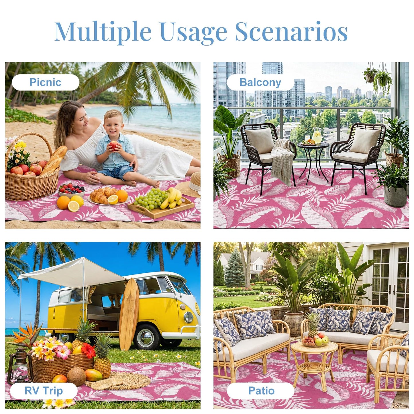 OPPODREAM Reversible Outdoor Rug 5x7, Waterproof Outdoor Plastic Straw Rug for Patio, Tropical Leaf RV Camping Rugs for Outside, Deck, Balcony, Porch, Backyard, Camping, Rv, Pink and White
